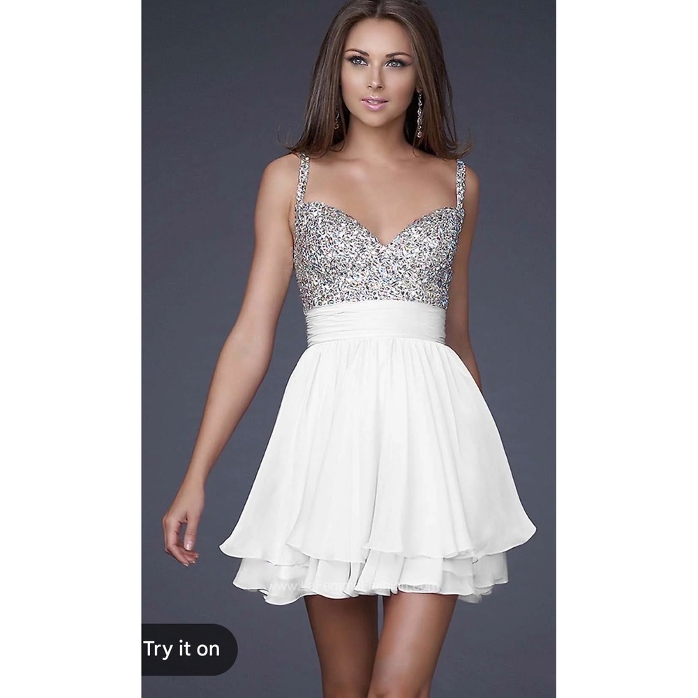 La Femme 16813 White Sequin Rhinestone‎ Chiffon Cocktail Dress Homecoming Prom 6